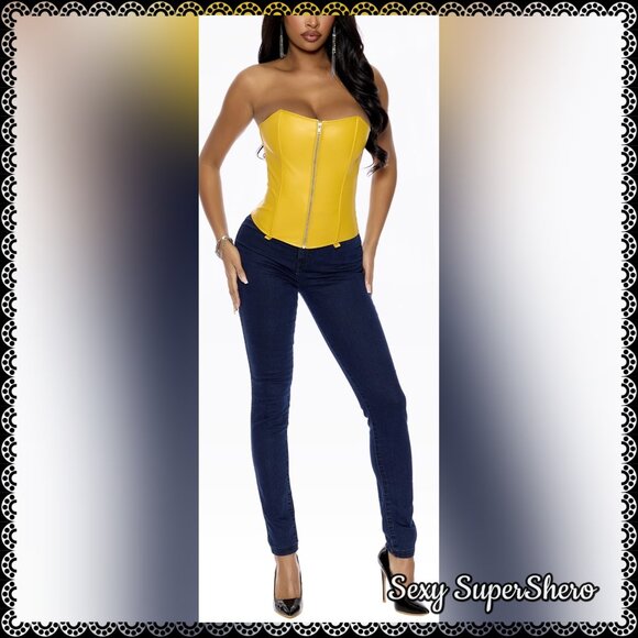 🆕💛Leather strapless bustier with lace up back, boning/shapewear/clubwearYellow - Picture 2 of 8
